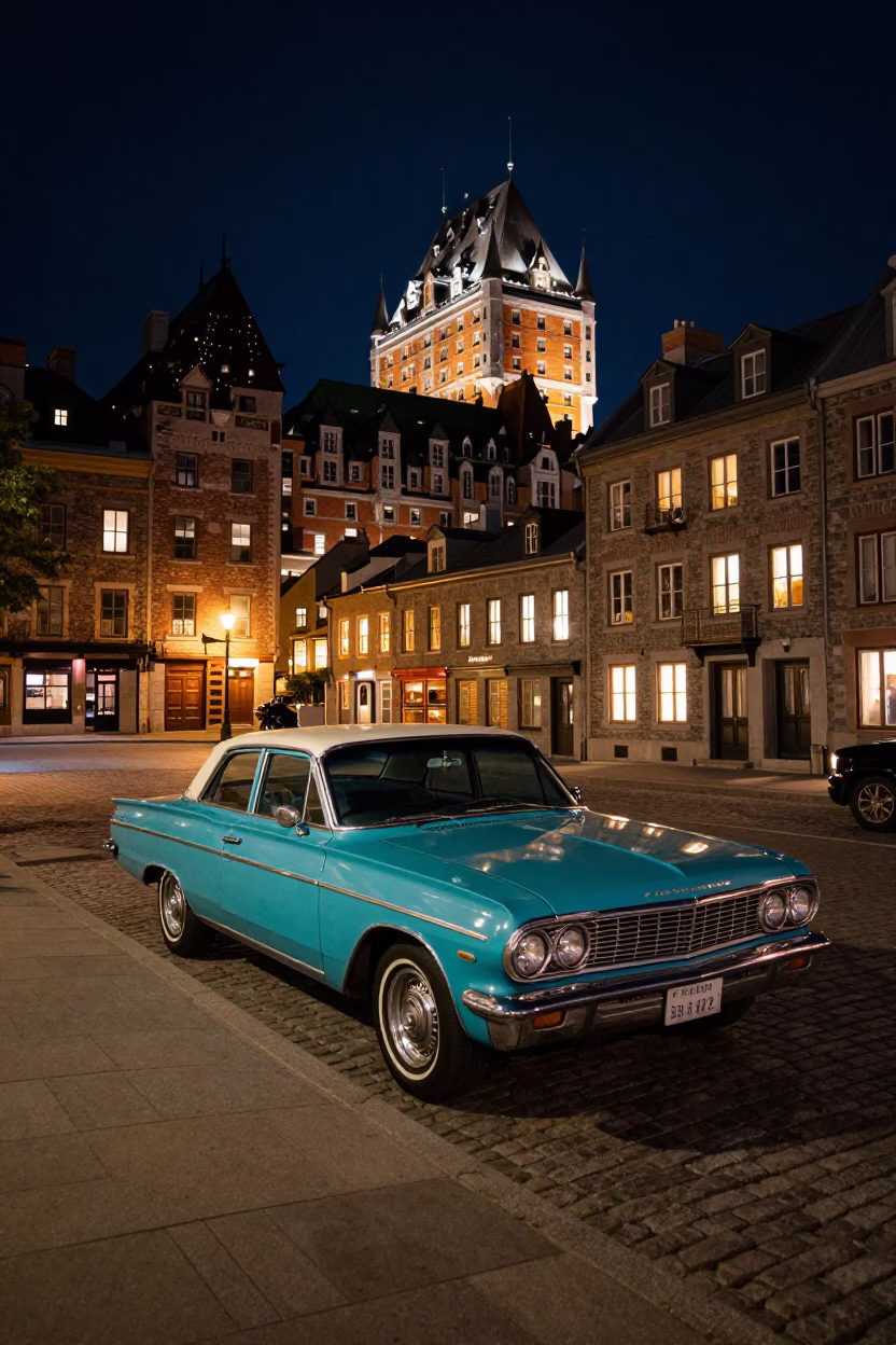 Quebec City Night Street Scene with Vintage Car and Glowing Storefronts in in Quebec City, Quebec, Canada