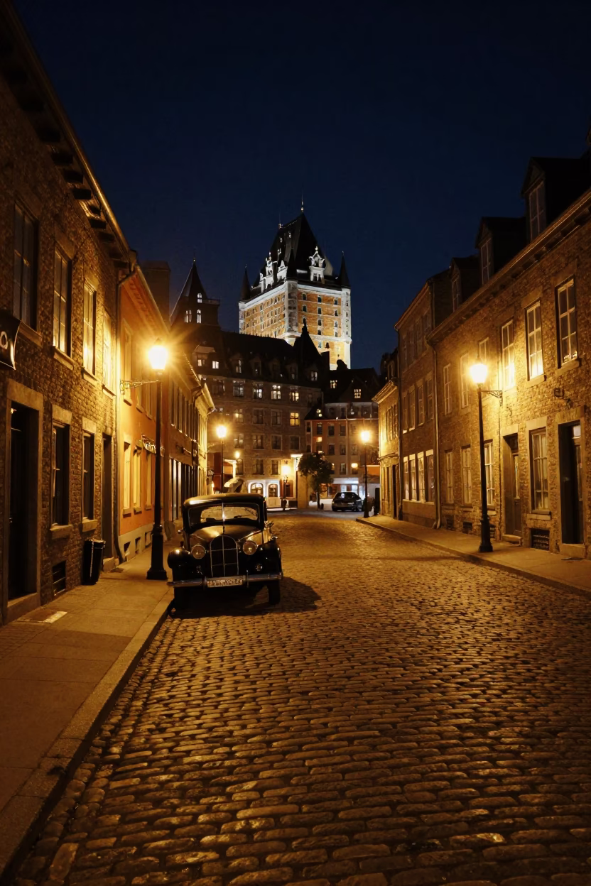 Quebec City Night Street Scene with Vintage Car and Historic Stone Architecture in in Quebec City, Quebec, Canada