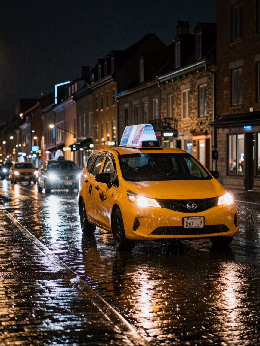Quebec City Night Street Scene with Yellow Taxi and Shoebox in Rain in in Quebec City, Quebec, Canada