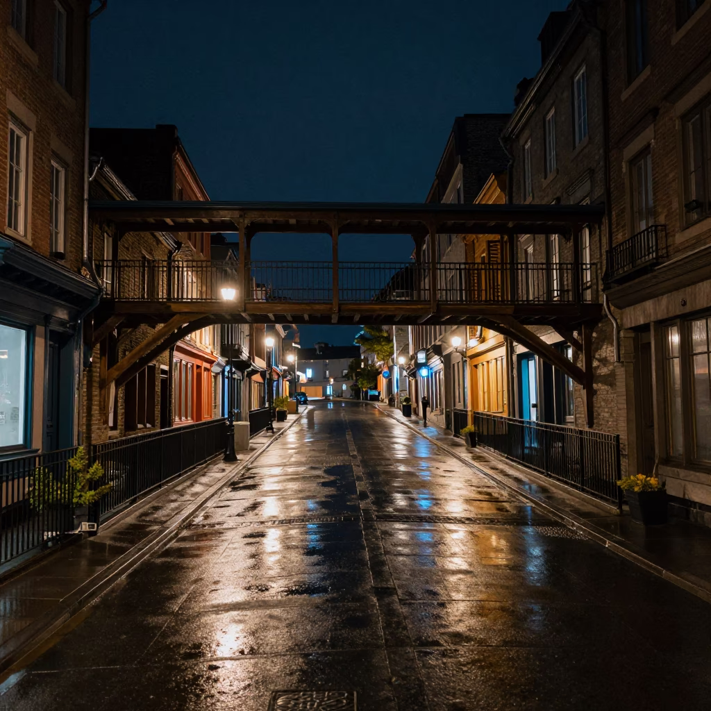 Quebec City Night Street with Pedestrian Overpass and Wet Footsteps in in Quebec City, Quebec, Canada