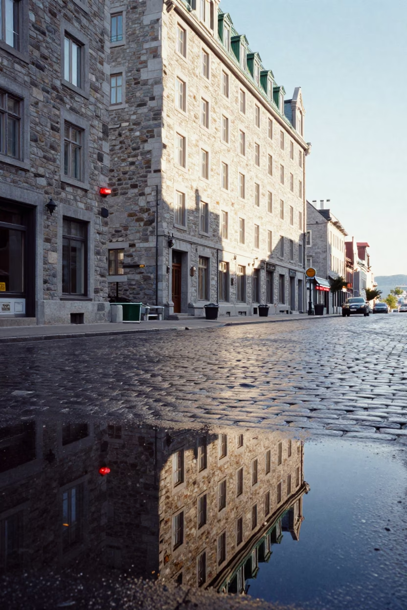Quebec City Noon Puddle Reflection Hotel Windows Tail Lights Flat Glare in in Quebec City, Quebec, Canada