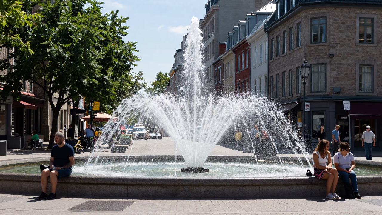 Quebec City Noon Street Scene with Fountain Spray and Urban Architecture in in Quebec City, Quebec, Canada
