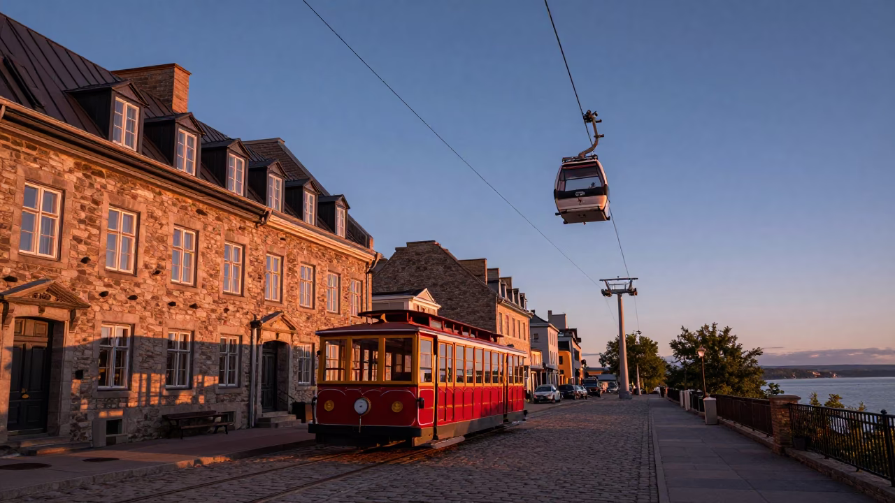 Quebec City Old Port at Dusk with Cable Car and River Activity in in Quebec City, Quebec, Canada