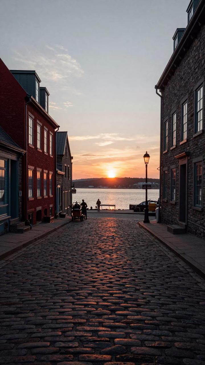 Quebec City Old Port cobblestone street at dusk with red cherries and ashtray in in Quebec City, Quebec, Canada