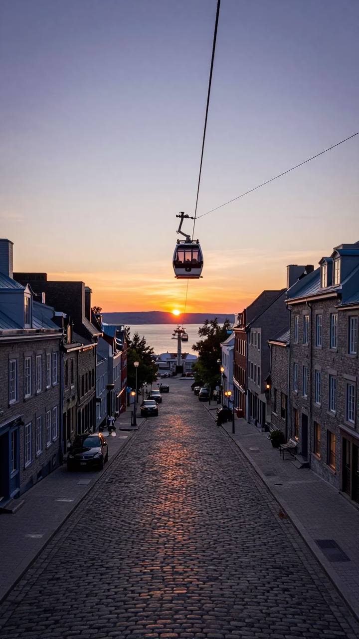 Quebec City Old Port Cobblestones at Dusk with Aerial Tramway and Hydrangeas in in Quebec City, Quebec, Canada