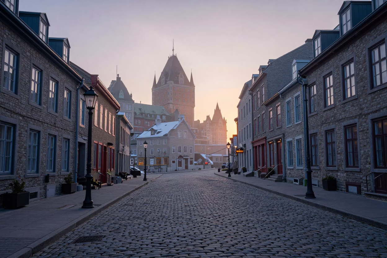 Quebec City Old Port Dawn Mist and Cobblestone Street Scene Before Sunrise in in Quebec City, Quebec, Canada
