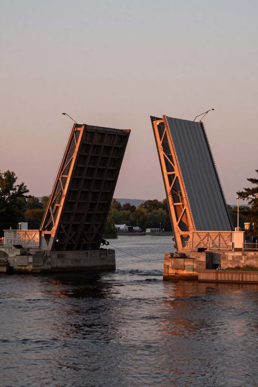 Quebec City Old Port Drawbridge Lifting at Dusk with Tidal Channel in in Quebec City, Quebec, Canada
