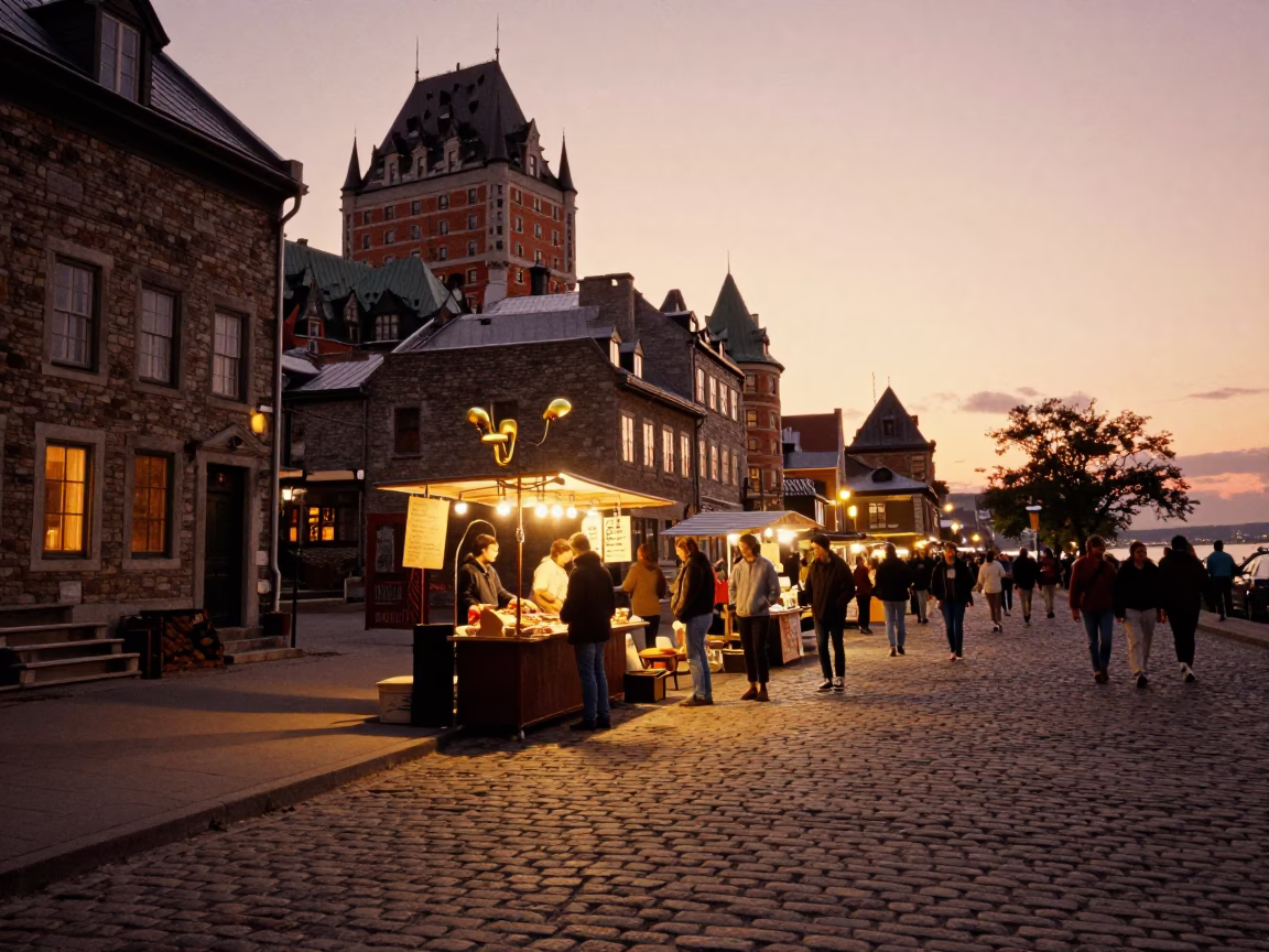 Quebec City Old Port Dusk Scene with Brass Handles and Macarons in in Quebec City, Quebec, Canada