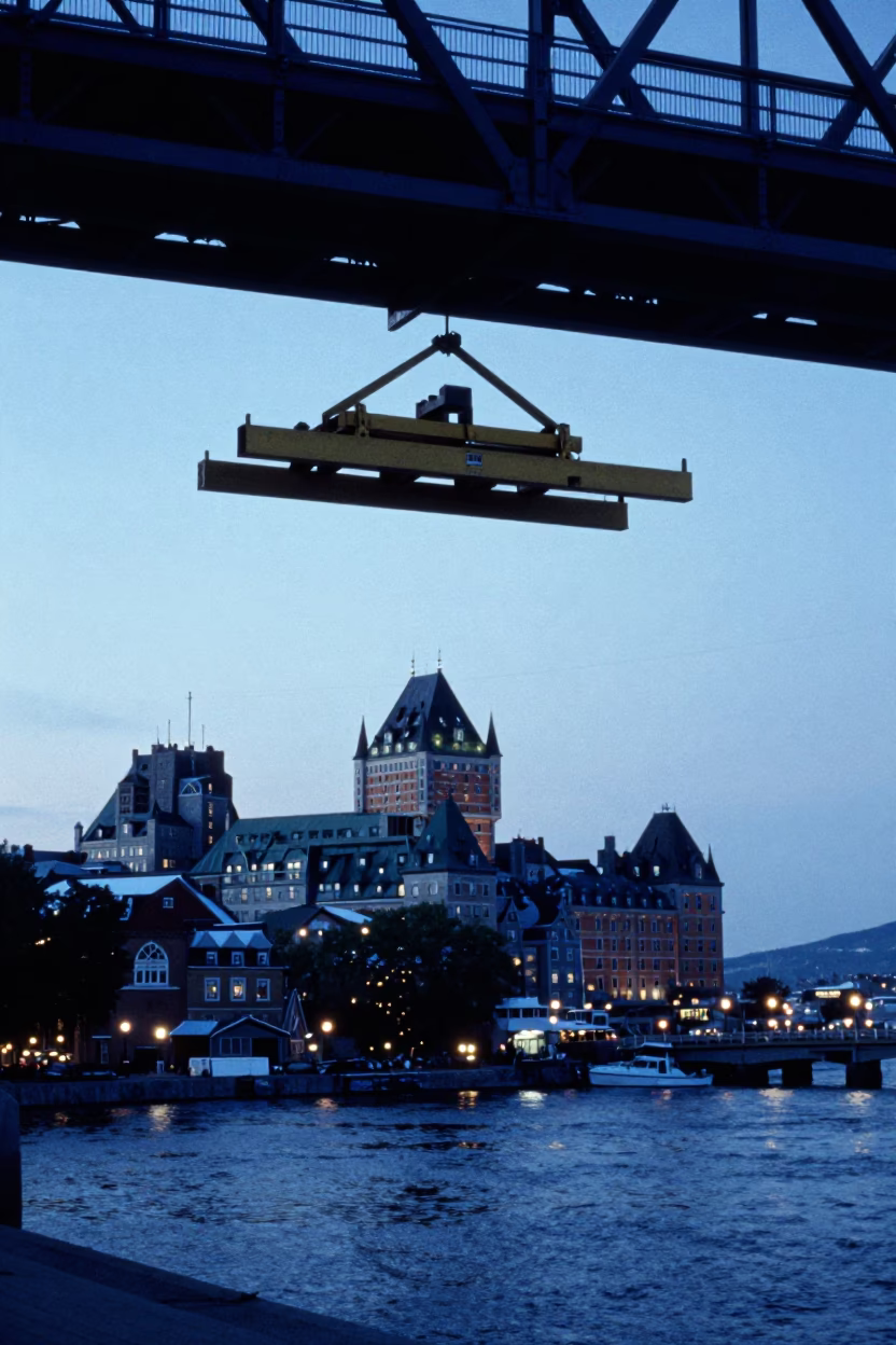 Quebec City Old Port Evening Blue Light Bridge Maintenance Cradle and River in in Quebec City, Quebec, Canada