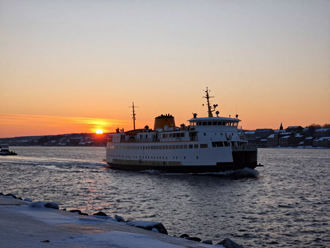 Quebec City Old Port Ferry Departing at Sunset with Rime Ice on Weather Station in in Quebec City, Quebec, Canada