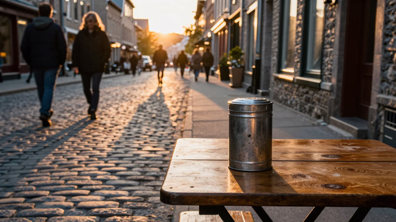 Quebec City Old Port Golden Hour Street Scene with Coffee Tin and Succulents in in Quebec City, Quebec, Canada