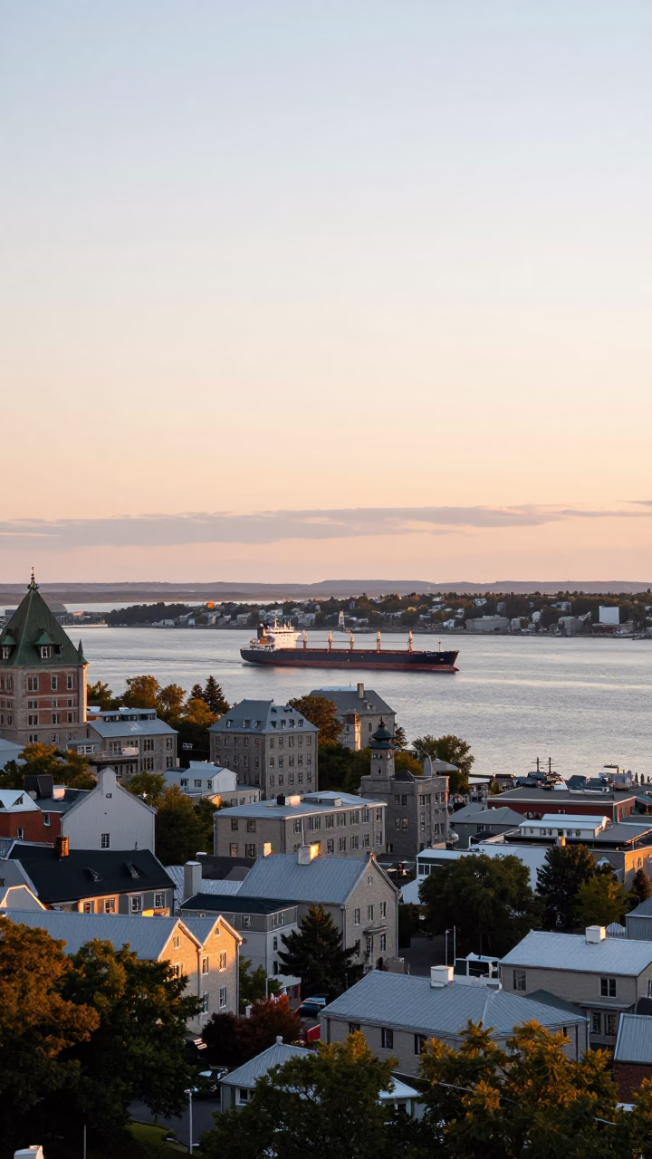 Quebec City Old Port Golden Hour View with Distant Cargo Ship Horizon in in Quebec City, Quebec, Canada