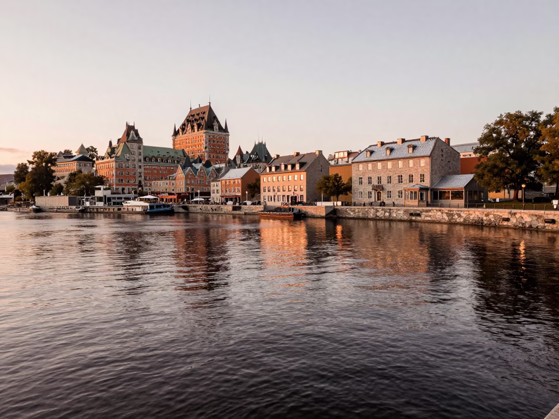 Quebec City Old Port historic stone quay and river scene at dusk in in Quebec City, Quebec, Canada