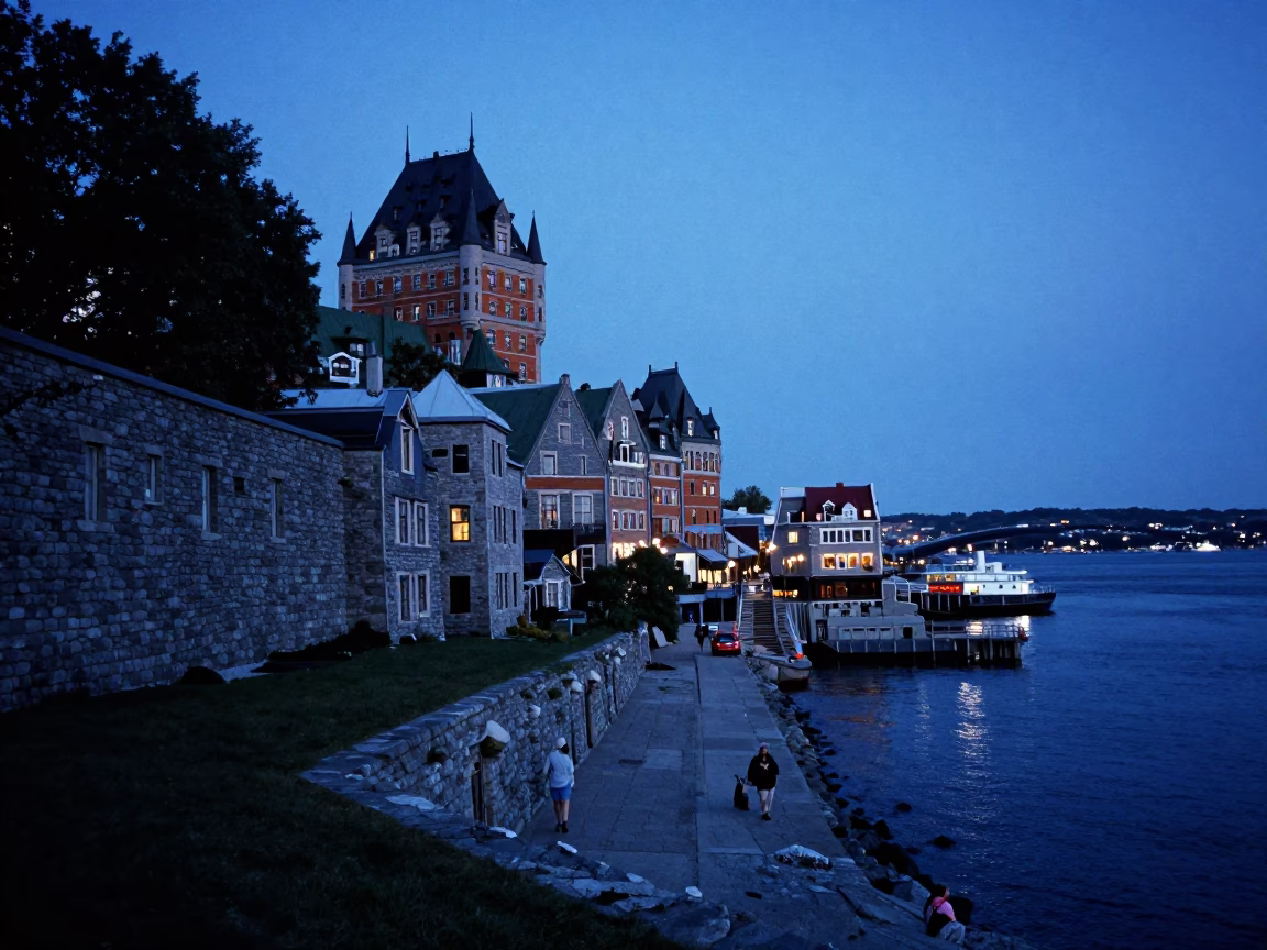Quebec City Old Port Indigo Twilight Stone Walls and Harbor Water in in Quebec City, Quebec, Canada