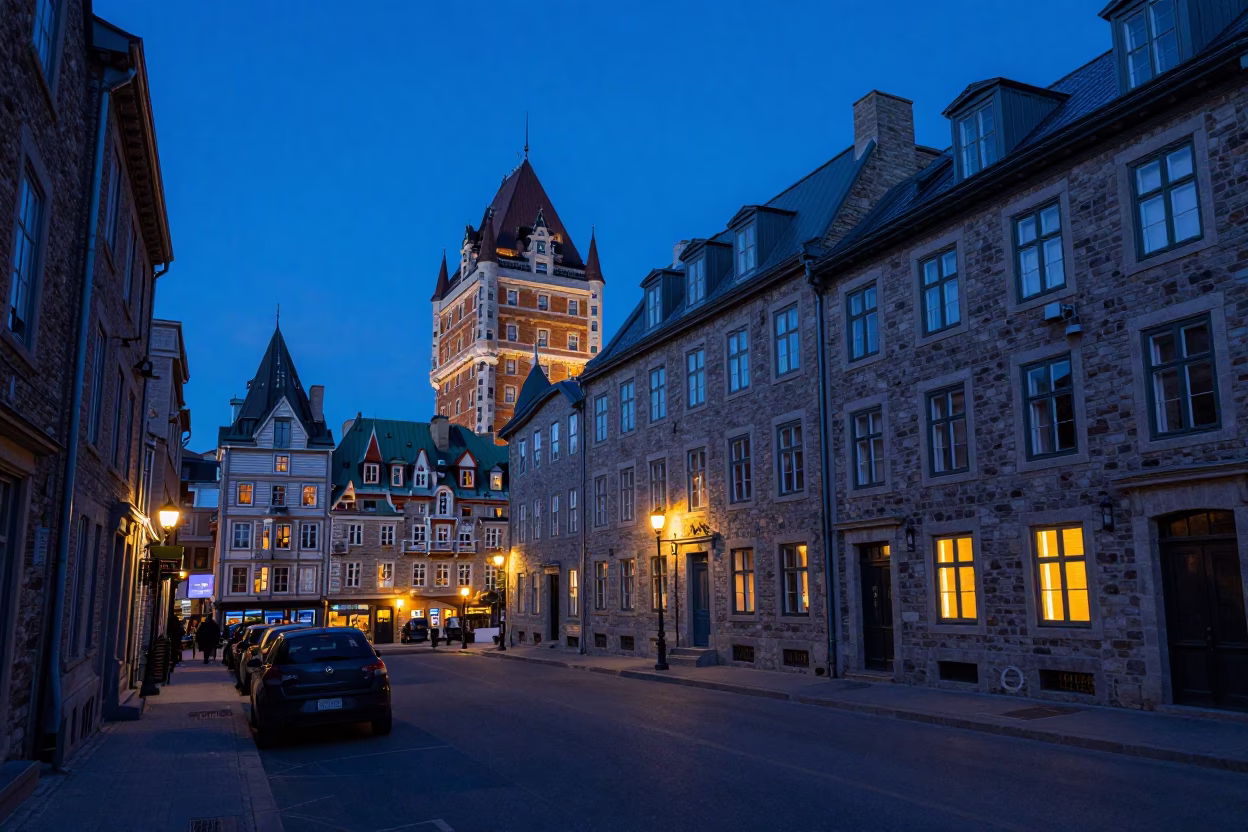 Quebec City Old Port indigo twilight street scene with historic stone buildings in in Quebec City, Quebec, Canada