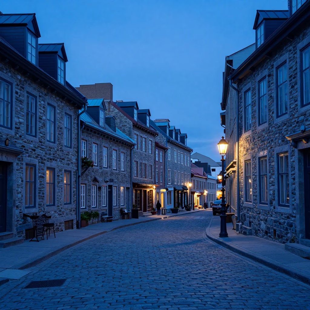 Quebec City Old Port Indigo Twilight Street Scene with Woven Bread Basket and Espresso in in Quebec City, Quebec, Canada