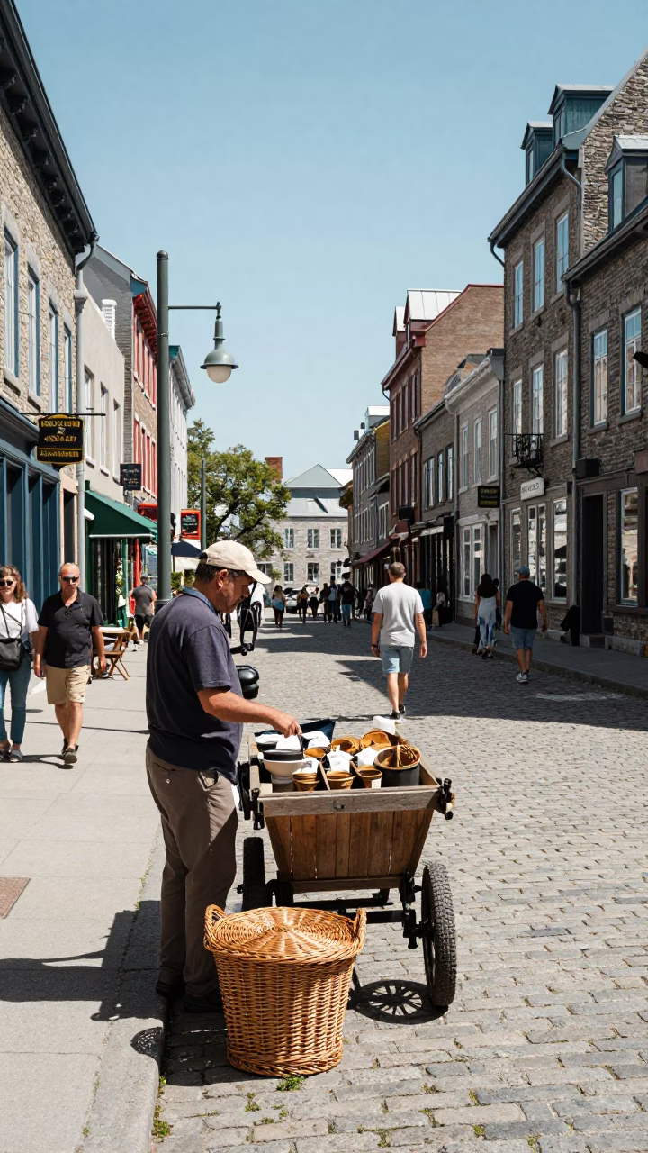 Quebec City Old Port Noon Street Scene with Wicker Hamper and Jar in in Quebec City, Quebec, Canada