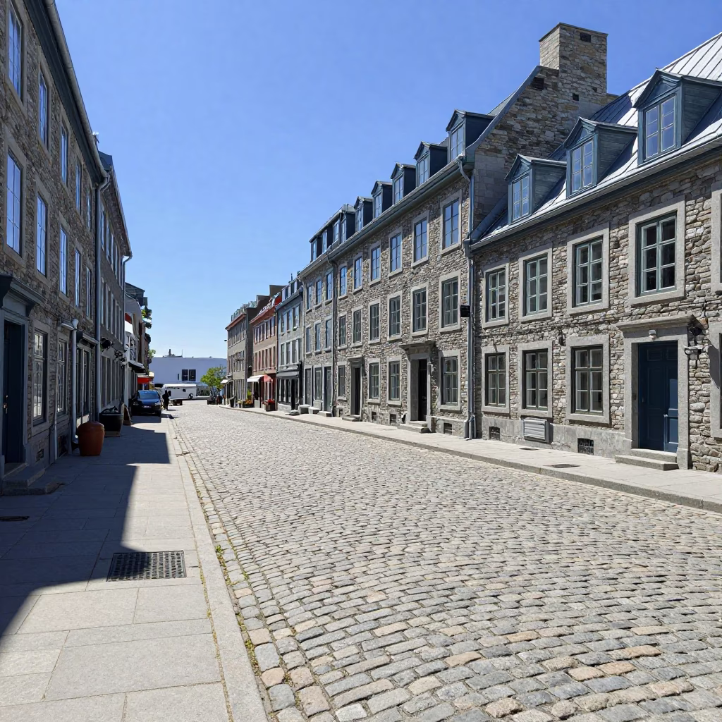 Quebec City Old Port Noon Sunlight on Stone Pavement and Historic Architecture in in Quebec City, Quebec, Canada