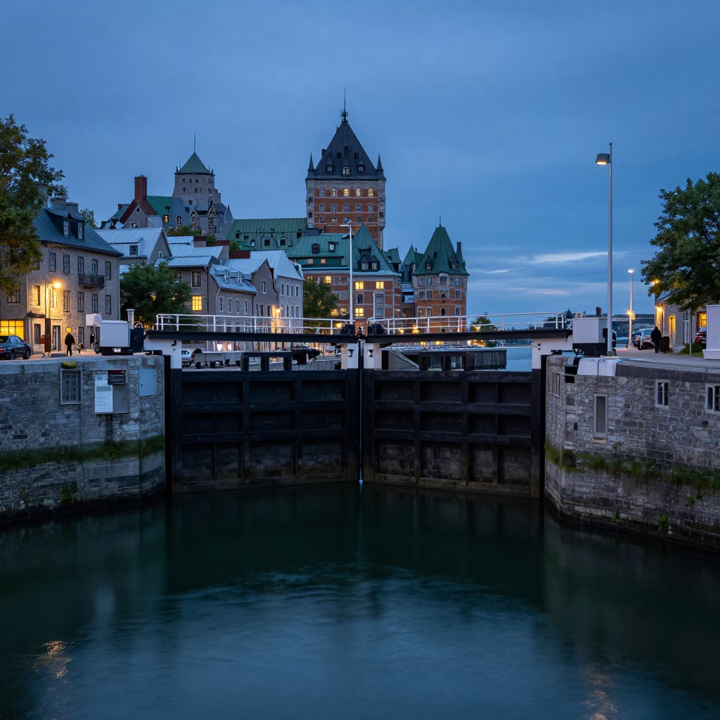 Quebec City Old Port Pre-Dawn Lock Gate and Canal Water Reflections in in Quebec City, Quebec, Canada