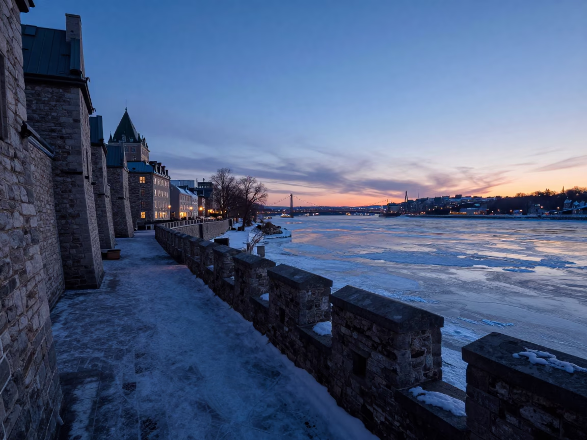 Quebec City Old Port Stone Walls and River Ice in Predawn Darkness in in Quebec City, Quebec, Canada