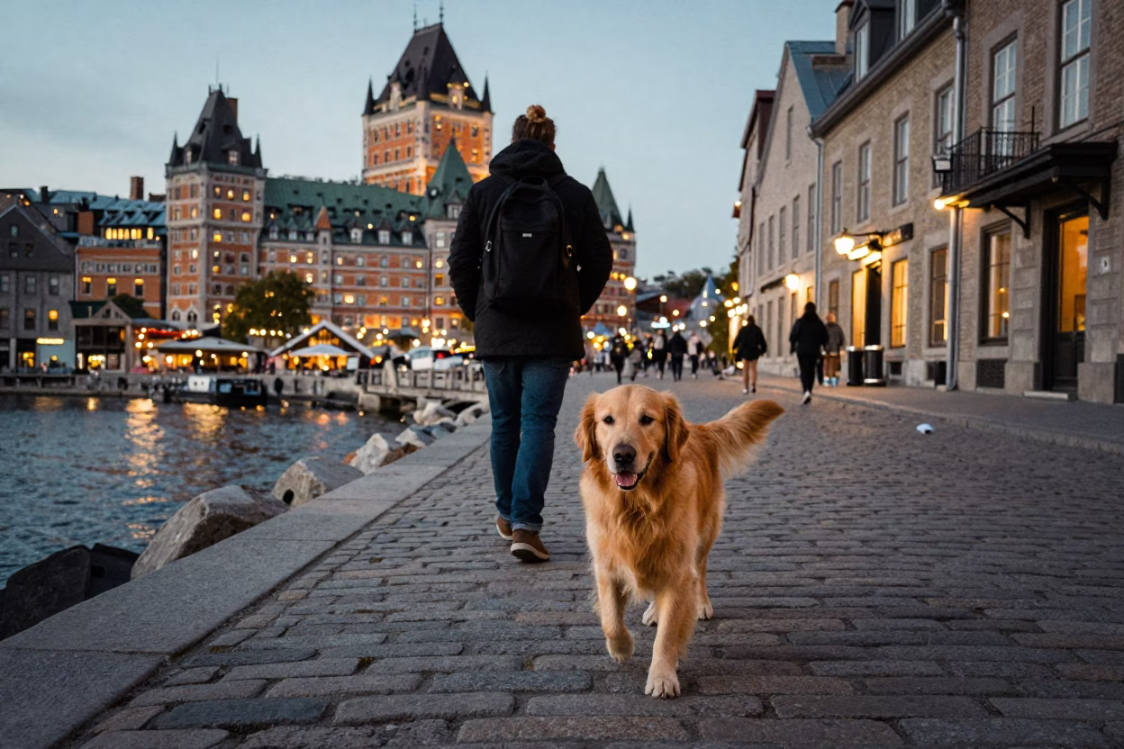 Quebec City Old Port Street Scene with Golden Retriever and City Lights at Dusk in in Quebec City, Quebec, Canada