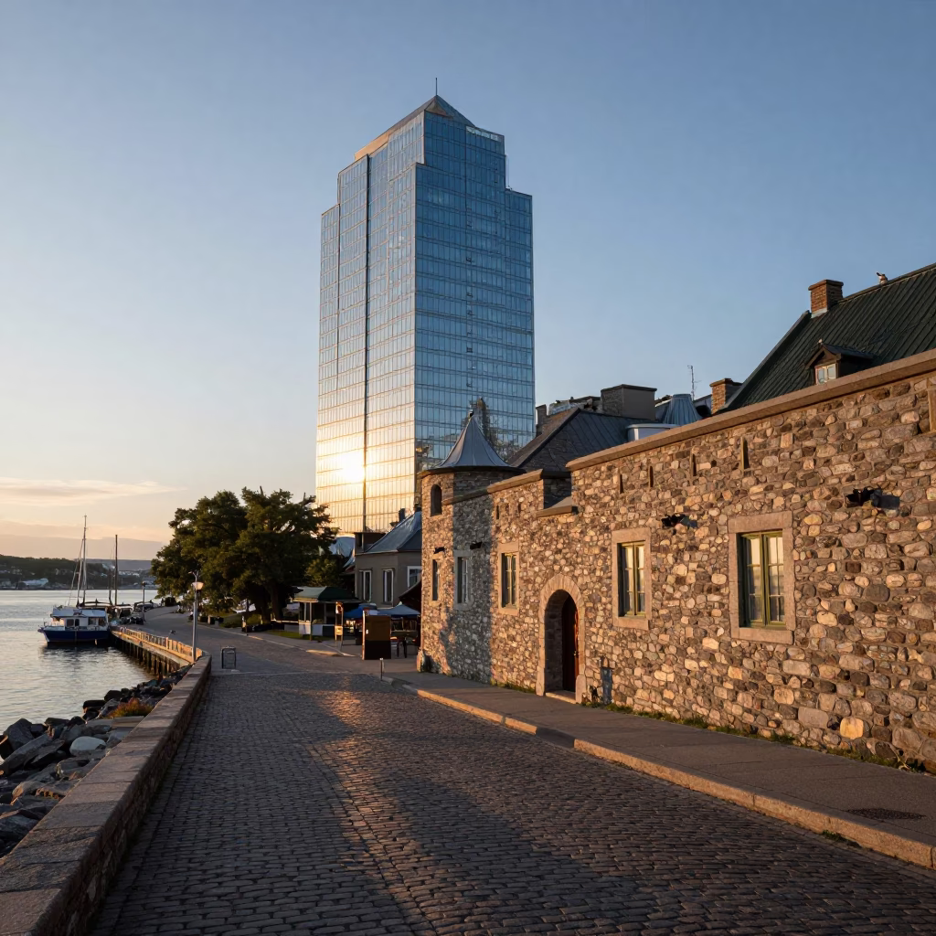 Quebec City Old Port Sunrise Reflections on Glass Skyscraper with Monorail Trace in in Quebec City, Quebec, Canada
