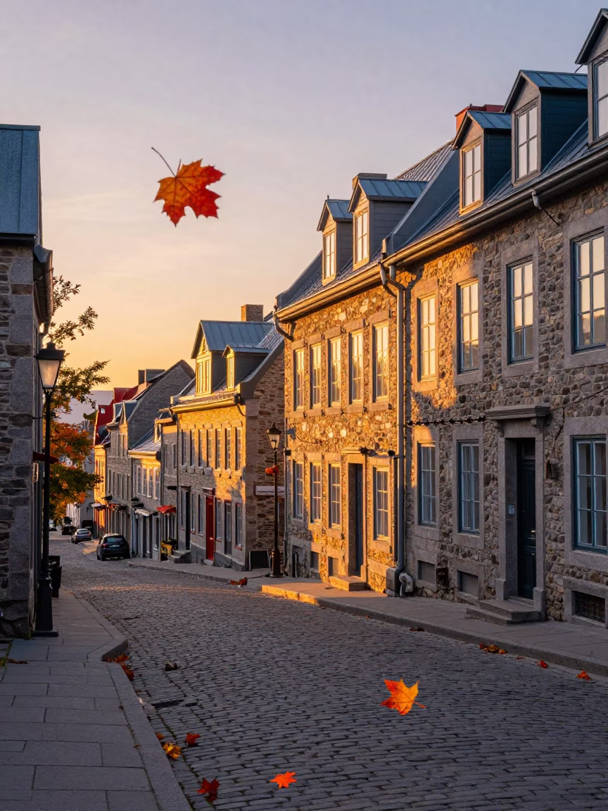 Quebec City Old Port Sunset Street Scene with Autumn Maple Leaves and Local Dining in in Quebec City, Quebec, Canada