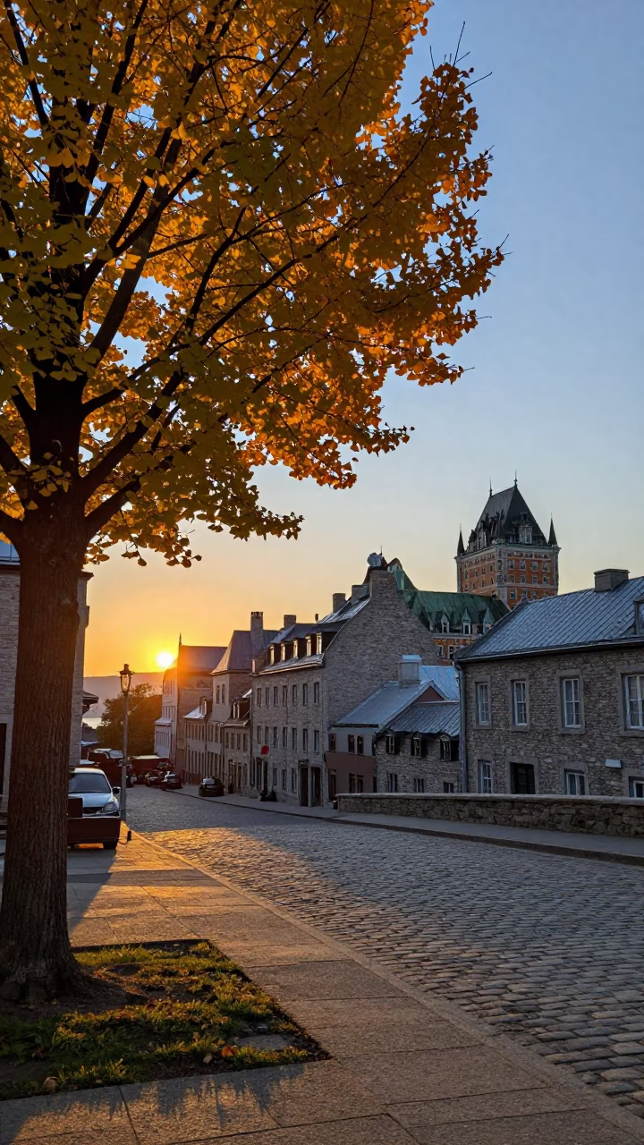 Quebec City Old Port sunset view with ginkgo tree and fruit bowl in in Quebec City, Quebec, Canada