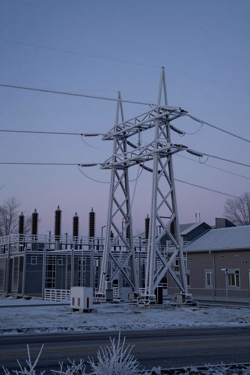Quebec City Old Port Winter Dawn Transmission Substation Hoarfrost in in Quebec City, Quebec, Canada