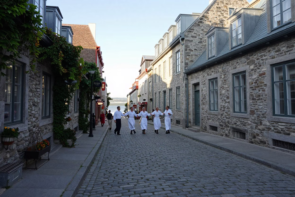 Quebec City Old Town Cobblestone Street Scene with Ivy and Traditional Folk Dancers in in Quebec City, Quebec, Canada