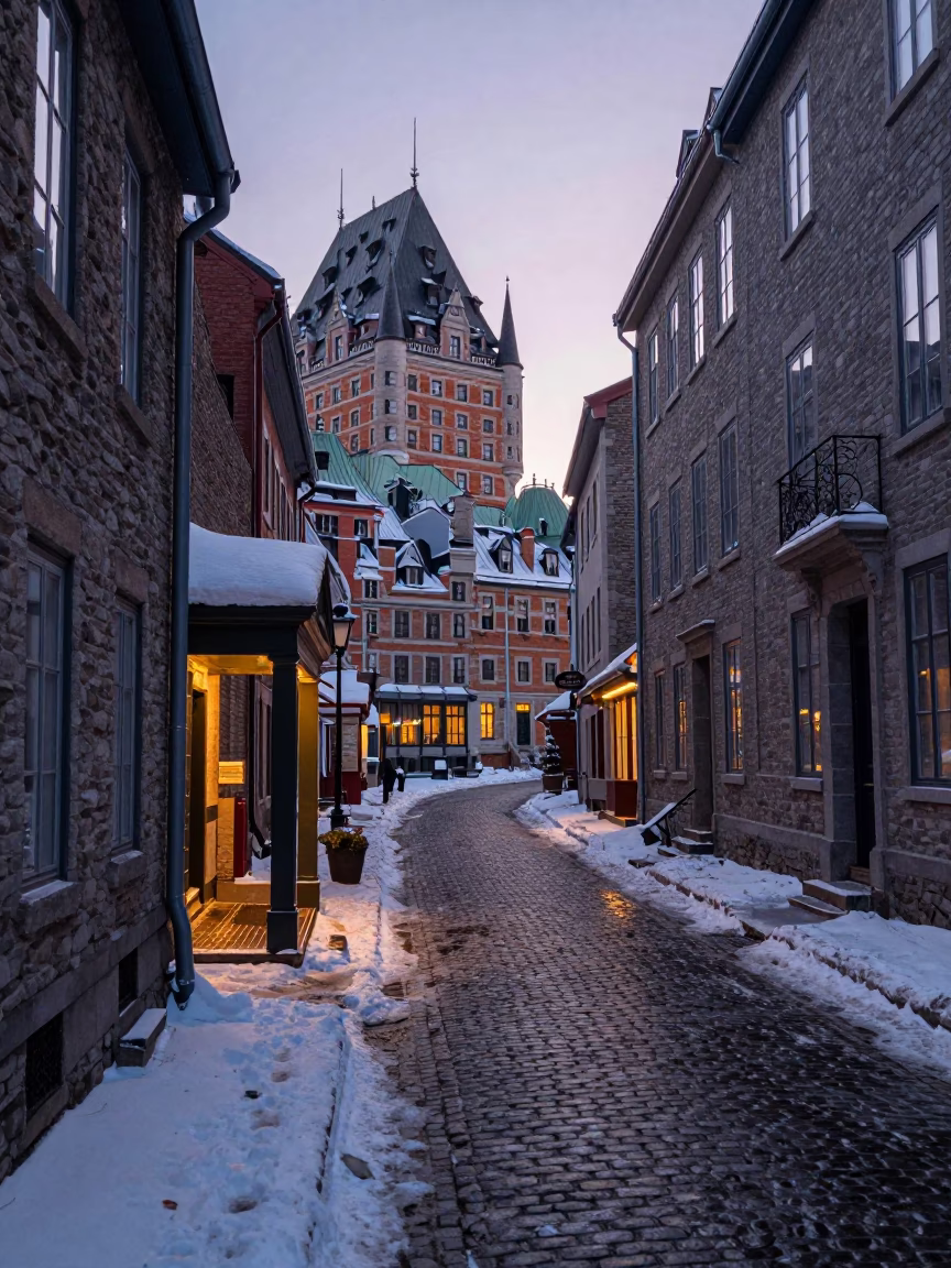Quebec City Old Town Dawn Street Scene with Snow and Steam in in Quebec City, Quebec, Canada