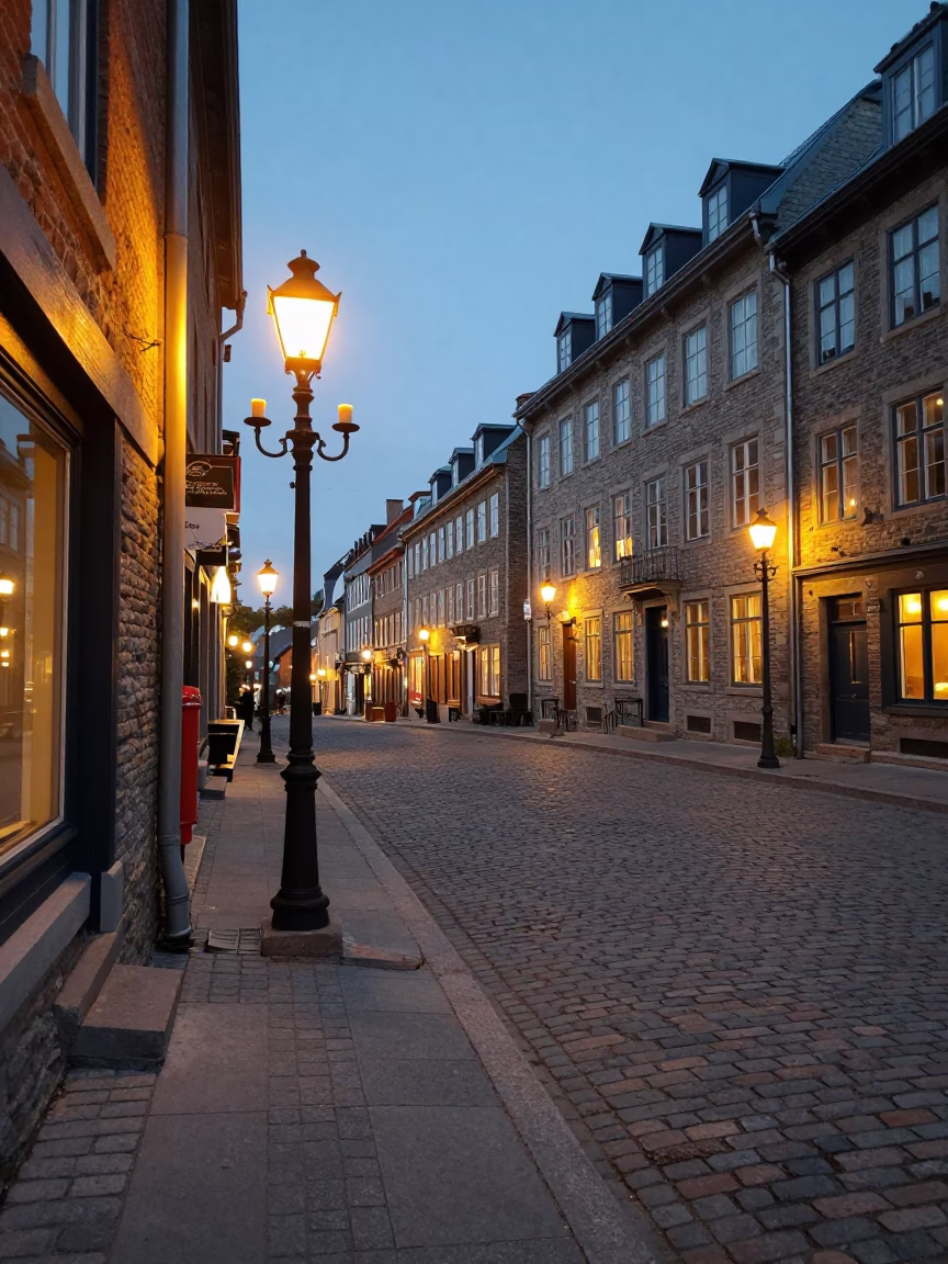 Quebec City Old Town Evening Street Scene with Candle Holder and Cup in in Quebec City, Quebec, Canada