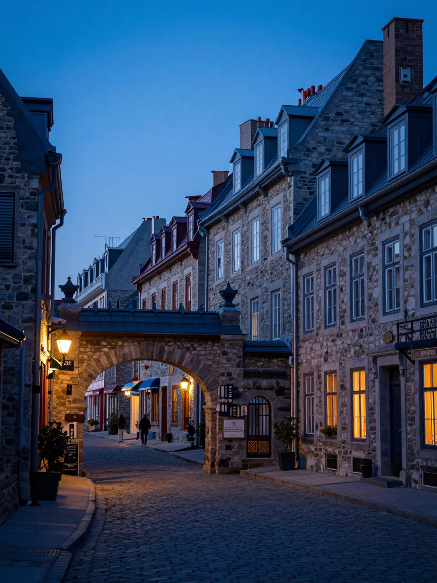 Quebec City Old Town Indigo Twilight Garden Gate and Street Scene in in Quebec City, Quebec, Canada
