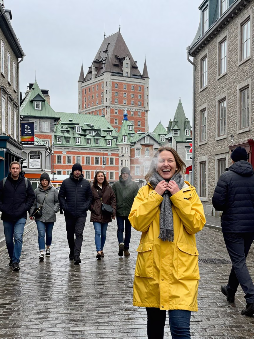 Quebec City overcast midday street scene with tourist group in in Quebec City, Quebec, Canada
