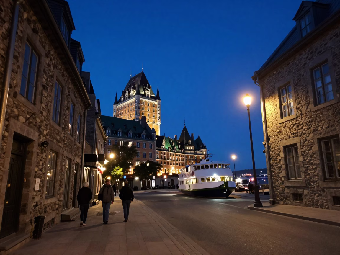 Quebec City Predawn Street Scene with Ferry Departure and Historic Stone Architecture in in Quebec City, Quebec, Canada