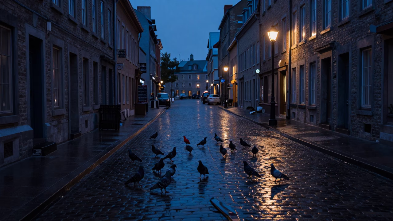 Quebec City Predawn Street Scene with Pigeons and Boot Scraper in in Quebec City, Quebec, Canada