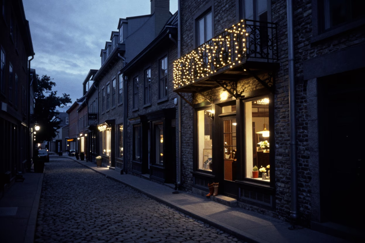 Quebec City Predawn Street Scene with String Lights and Boot Scraper in in Quebec City, Quebec, Canada