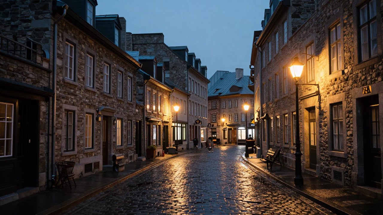 Quebec City Predawn Street Scene with Vintage 1950s Charm and Local Atmosphere in in Quebec City, Quebec, Canada
