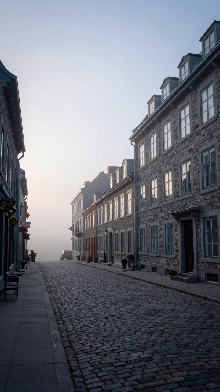 Quebec City Quebec Canada Dawn Street Scene with Fogged Window and Urban Architecture in in Quebec City, Quebec, Canada