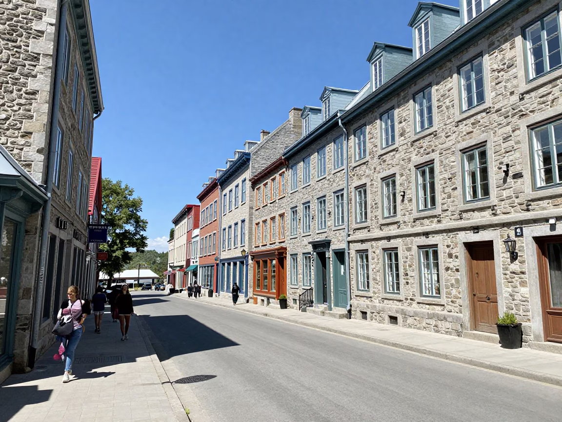Quebec City Quebec Canada Noon Sunlight Historic Old Town Street Scene in in Quebec City, Quebec, Canada