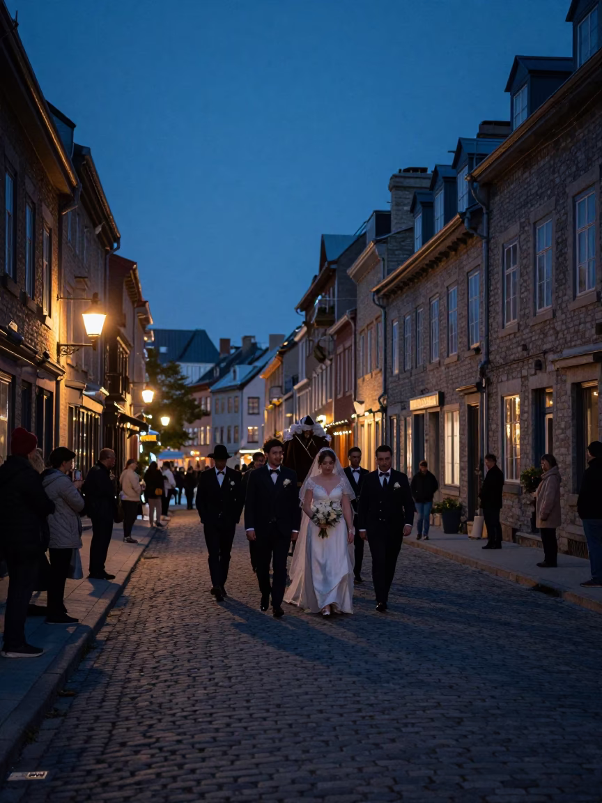 Quebec City Quebec Canada Predawn Street Photography with Traditional Wedding Procession in in Quebec City, Quebec, Canada