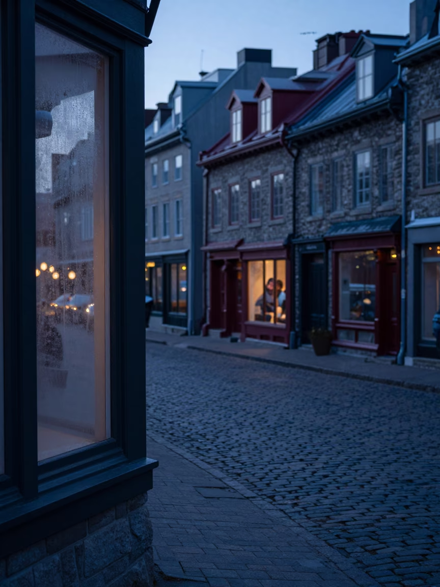 Quebec City Quebec Canada Predawn Street Scene Condensation on Glass Window in in Quebec City, Quebec, Canada