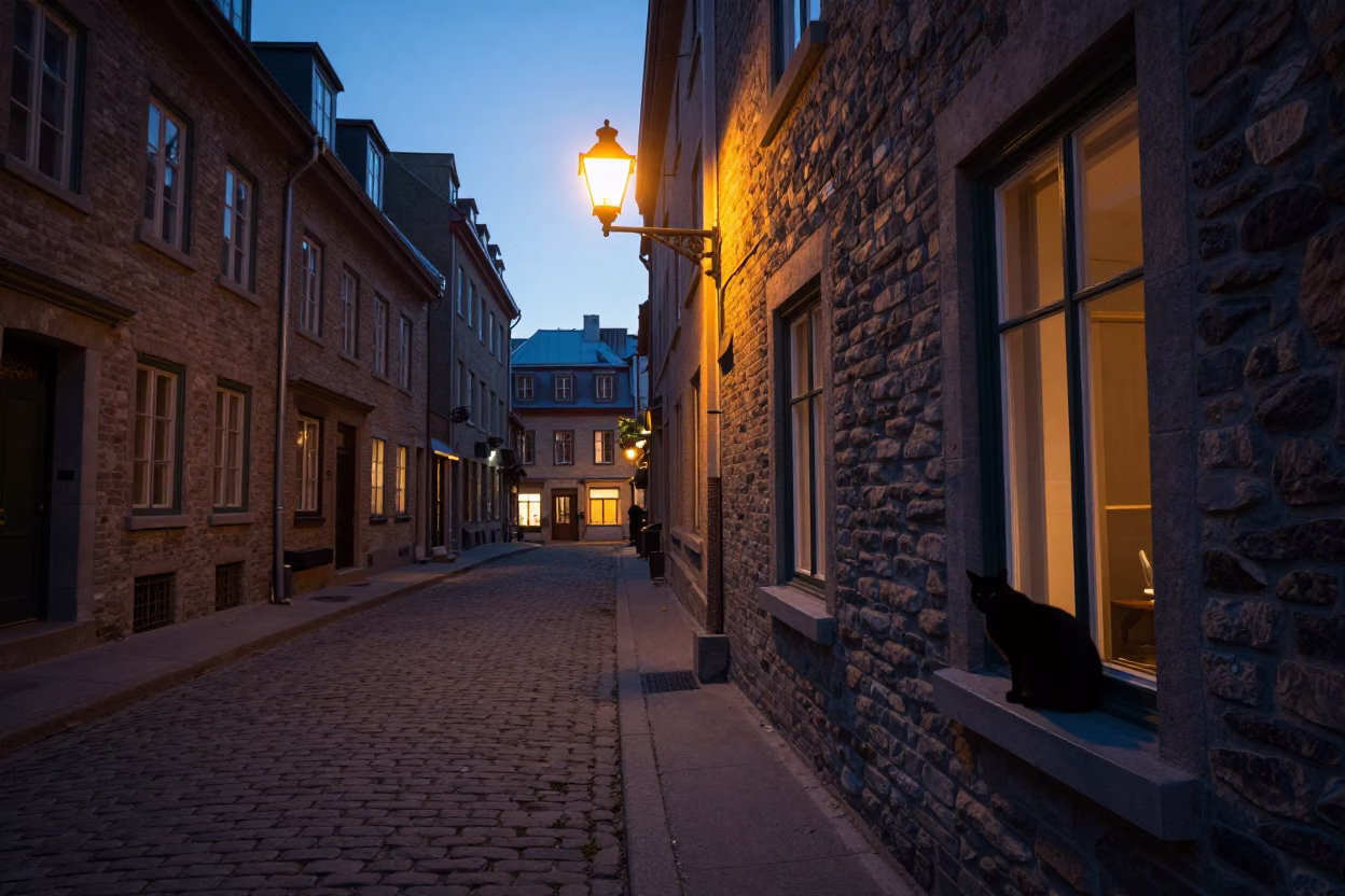Quebec City Quebec Canada Predawn Street Scene with Black Cat on Windowsill and Goblet in in Quebec City, Quebec, Canada