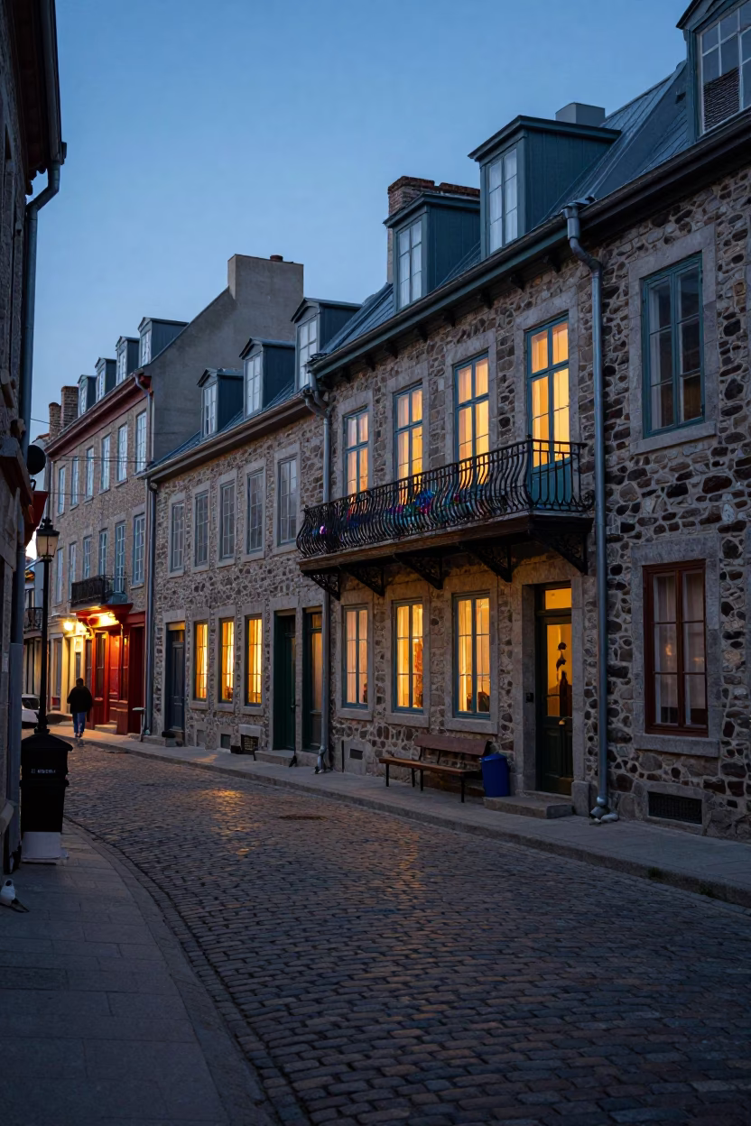 Quebec City Quebec Canada Twilight Street Scene with Cobblestones and Historic Stone Architecture in in Quebec City, Quebec, Canada