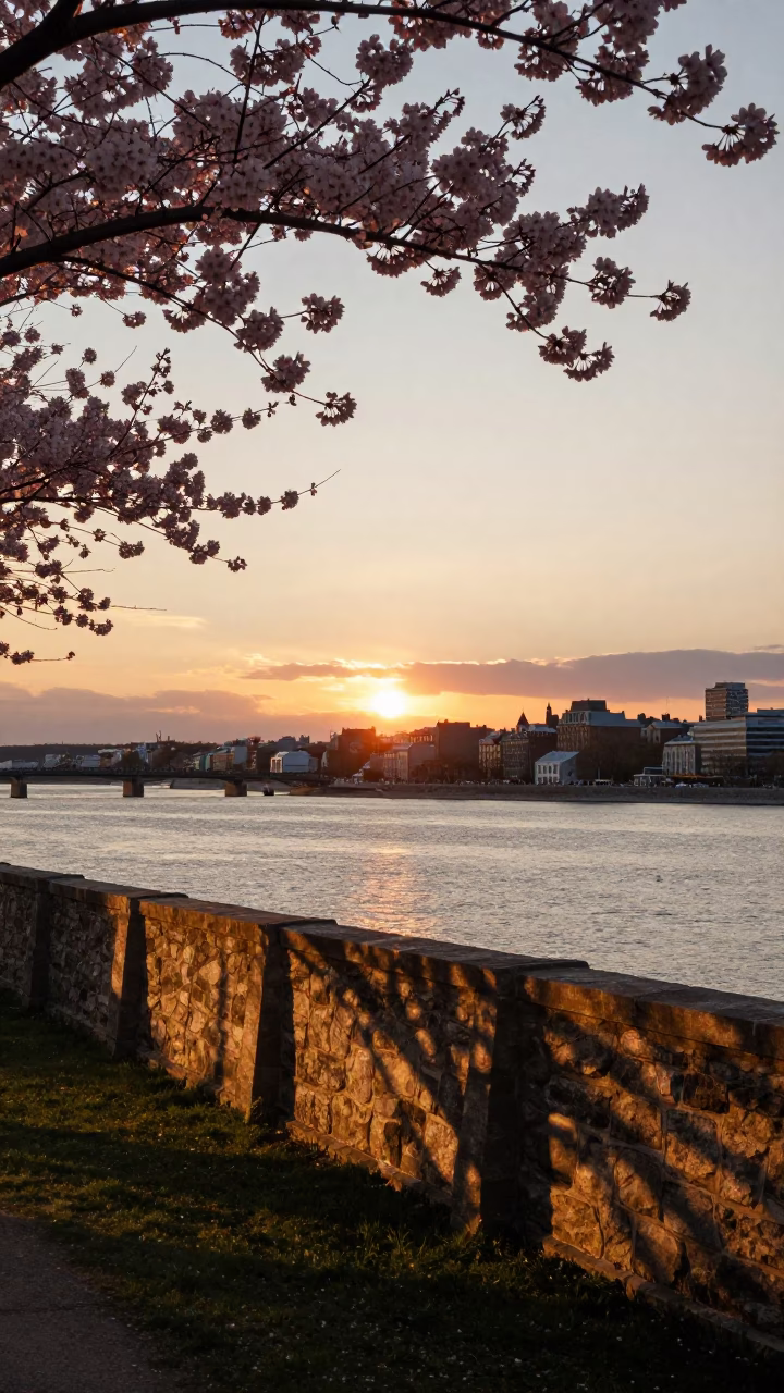 Quebec City St Lawrence River Sunset with Cherry Blossoms and Stacked Plates in in Quebec City, Quebec, Canada