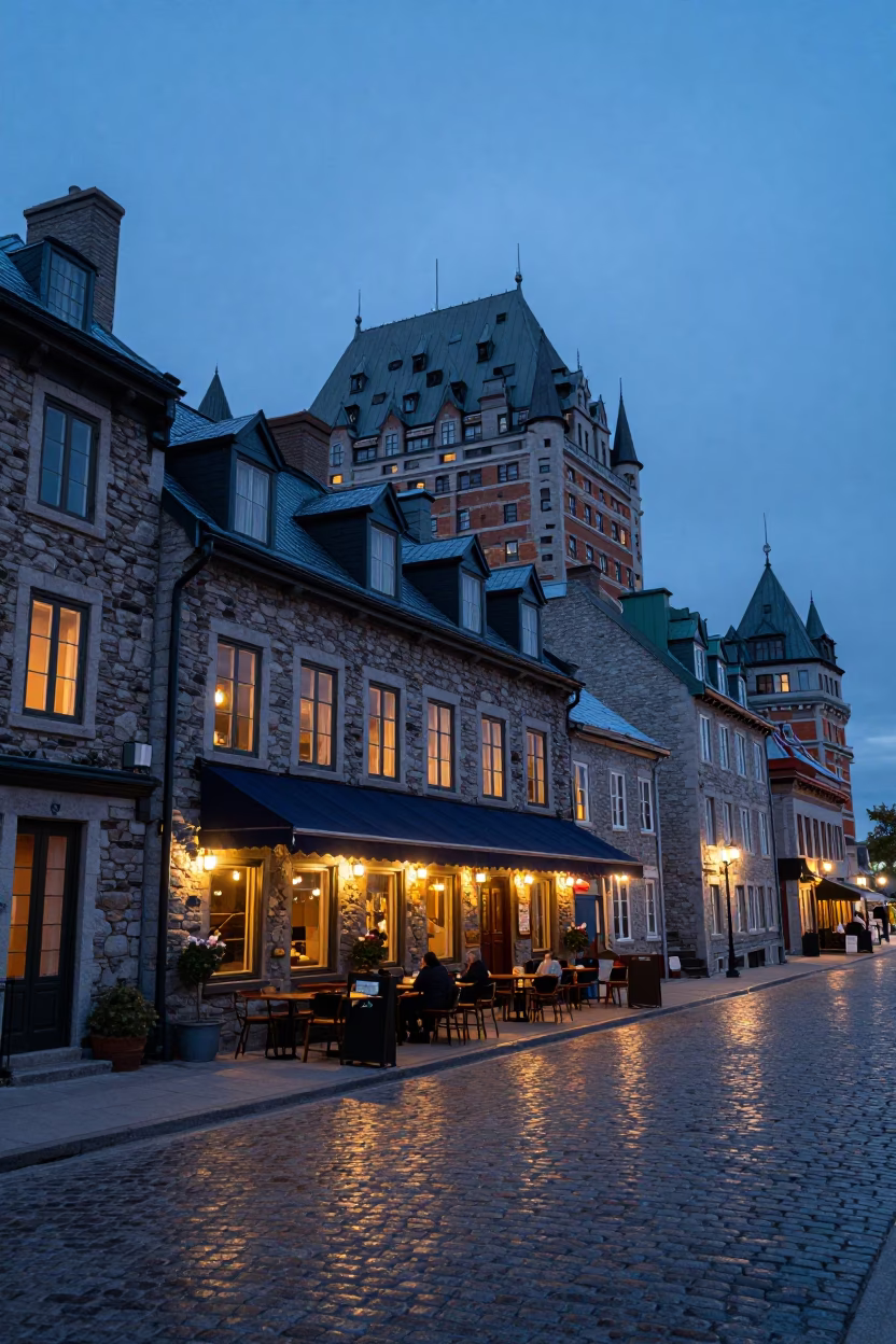 Quebec City Stone Architecture at Indigo Twilight After Sunset in in Quebec City, Quebec, Canada