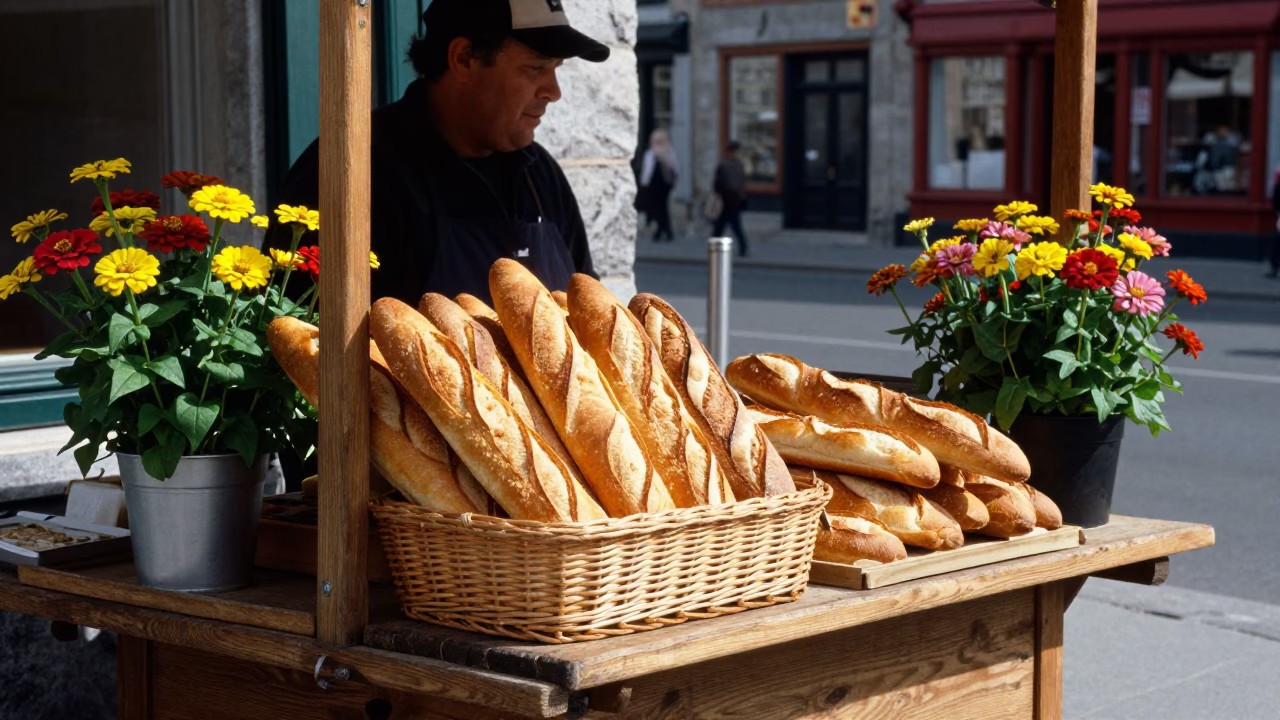 Quebec City Street Corner Afternoon Baguettes and Zinnias in in Quebec City, Quebec, Canada