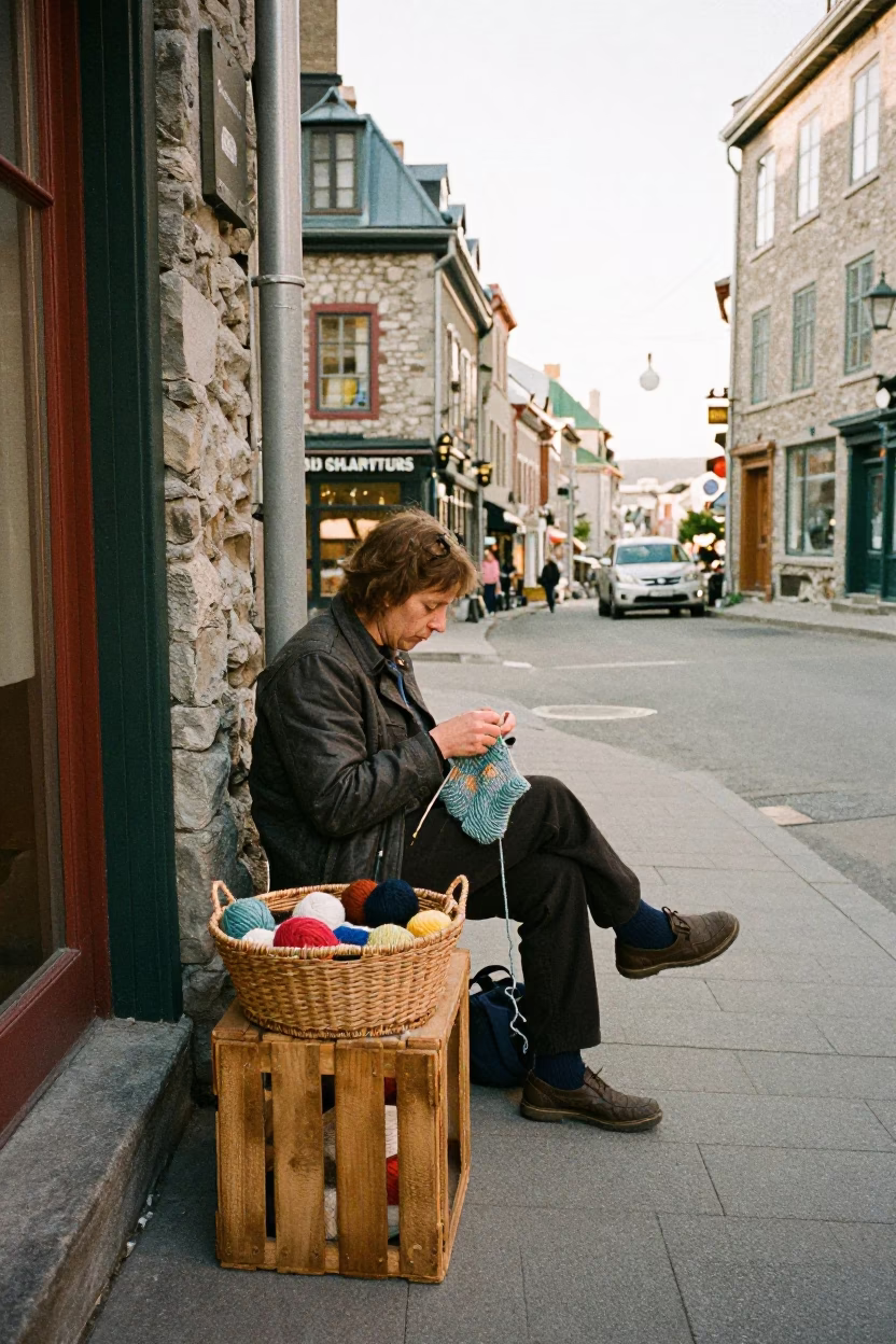 Quebec City Street Corner Afternoon Scene with Knitting Basket and Apron in in Quebec City, Quebec, Canada