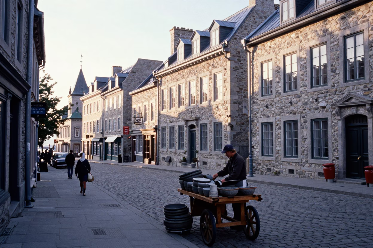 Quebec City Street Scene After Sunrise with Stone Architecture and Local Commerce in in Quebec City, Quebec, Canada