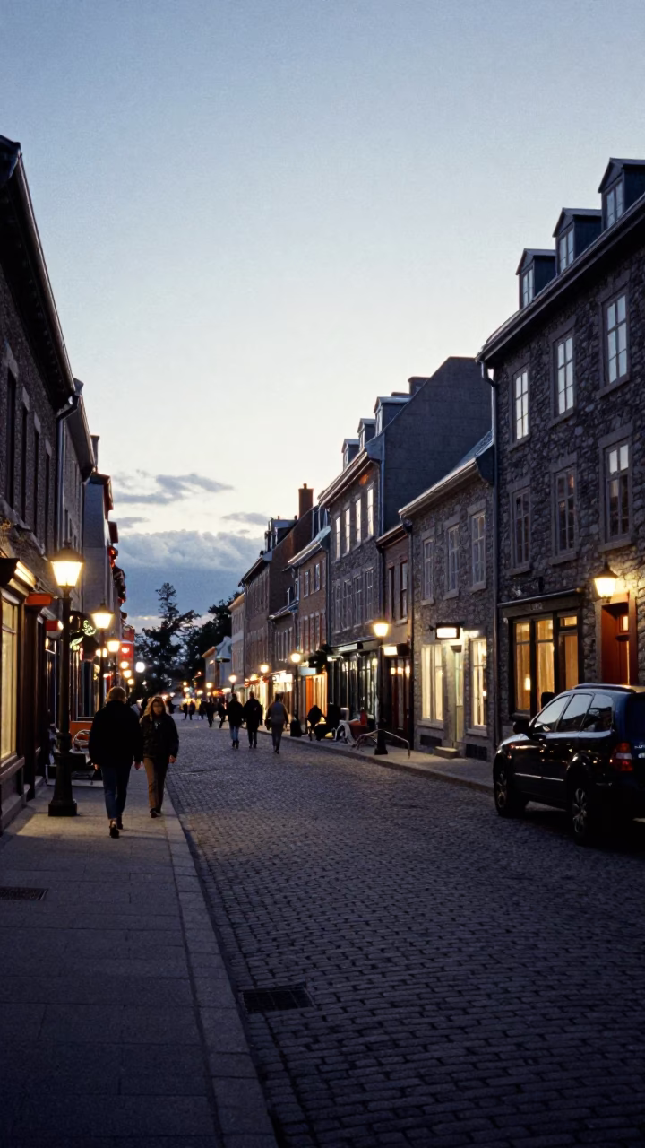 Quebec City Street Scene at As City Lights Begin To Glow in in Quebec City, Quebec, Canada